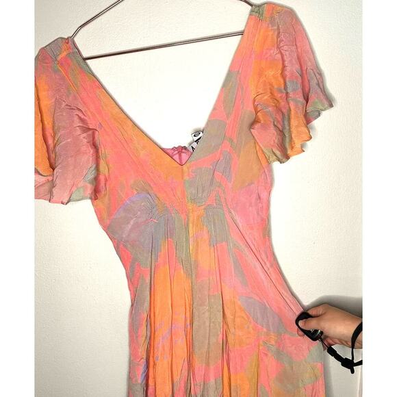 VEDA Multi Corazon Maxi XL Short Sleeve Double-V Neck Empire Smocked Pastel M - Picture 12 of 16